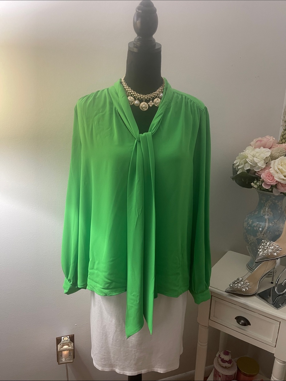 Gemma + Jane Bright Green Tie-Neck Blouse
